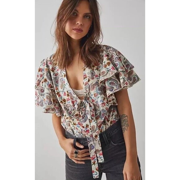 Free People Bodysuit Blouse Floral “Call Me Later “‎ Paisley Peasant Cottagecore - Picture 1 of 8